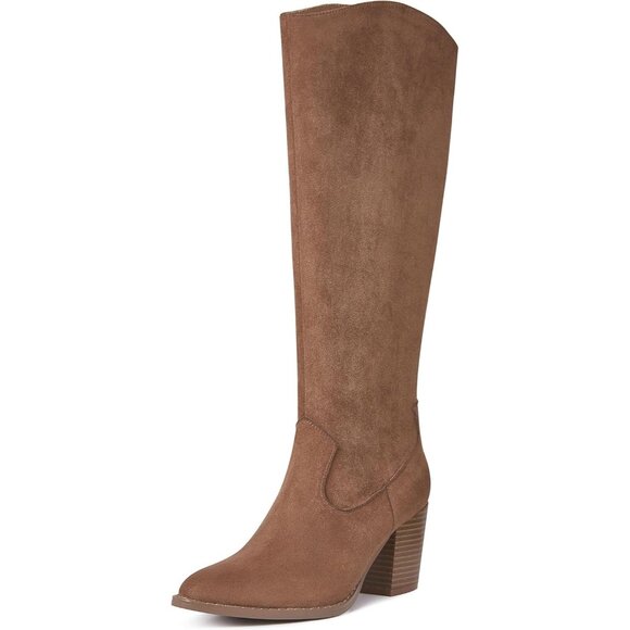 Womens Suede Brown Side Zipper Knee High Pointed Toe Chunky Heel Tall Boots - Picture 1 of 6